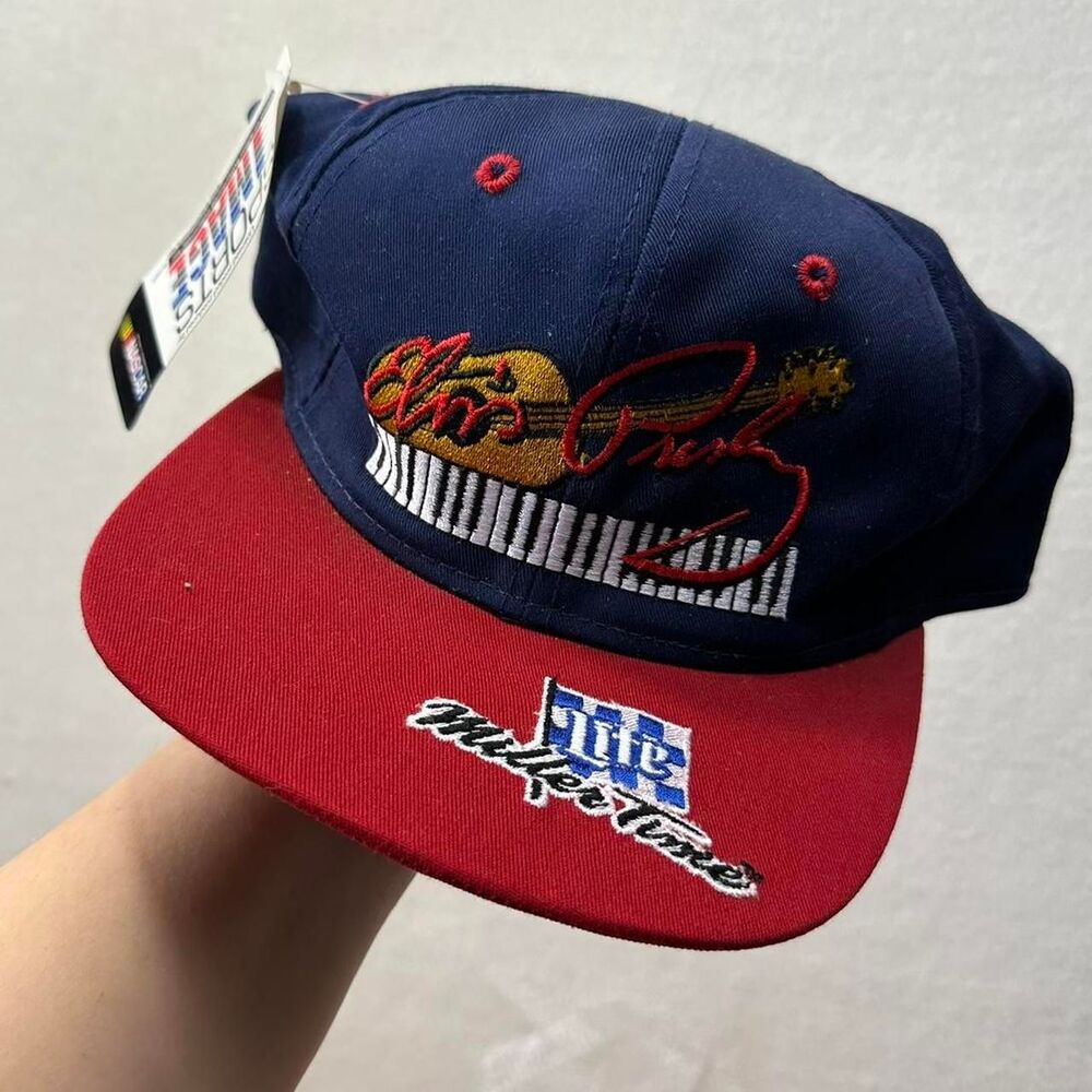 Vintage 90s Rusty Wallace and Elvis Presley Miller Time NASCAR SnapBack Hat Cap